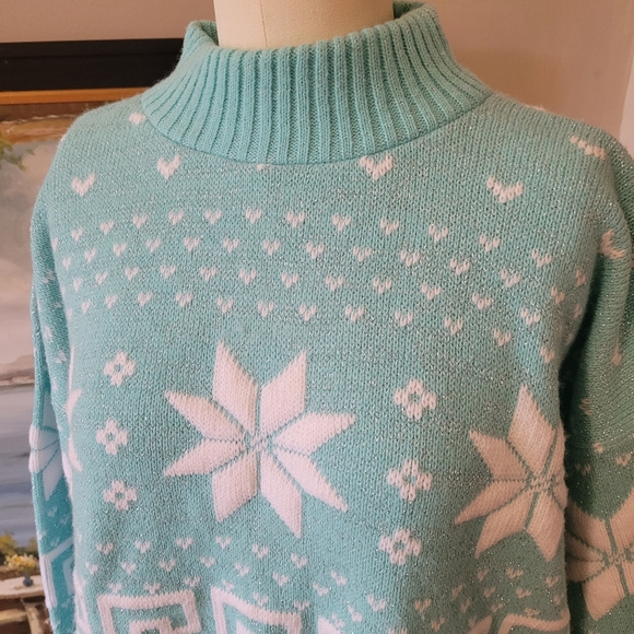 Mint shimmer vintage novelty sweater snowflakes Large - Picture 4 of 8